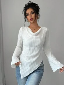 SHEIN PETITE Women's Elegant Romantic Ribbed Flared Sleeve Crew Neck Long Sleeve T-Shirt - White - View 1