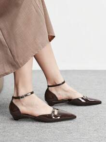CUCCOO BIZCHIC Zapatos de tacón bajo de punta fina negros, sencillos y elegantes, versátiles, con tira trasera. Nuevos zapatos planos de bajo empeine para ir al trabajo, con correa en el talón, adecuados para la oficina en primavera/otoño - Café espejo 171 - Ver 4