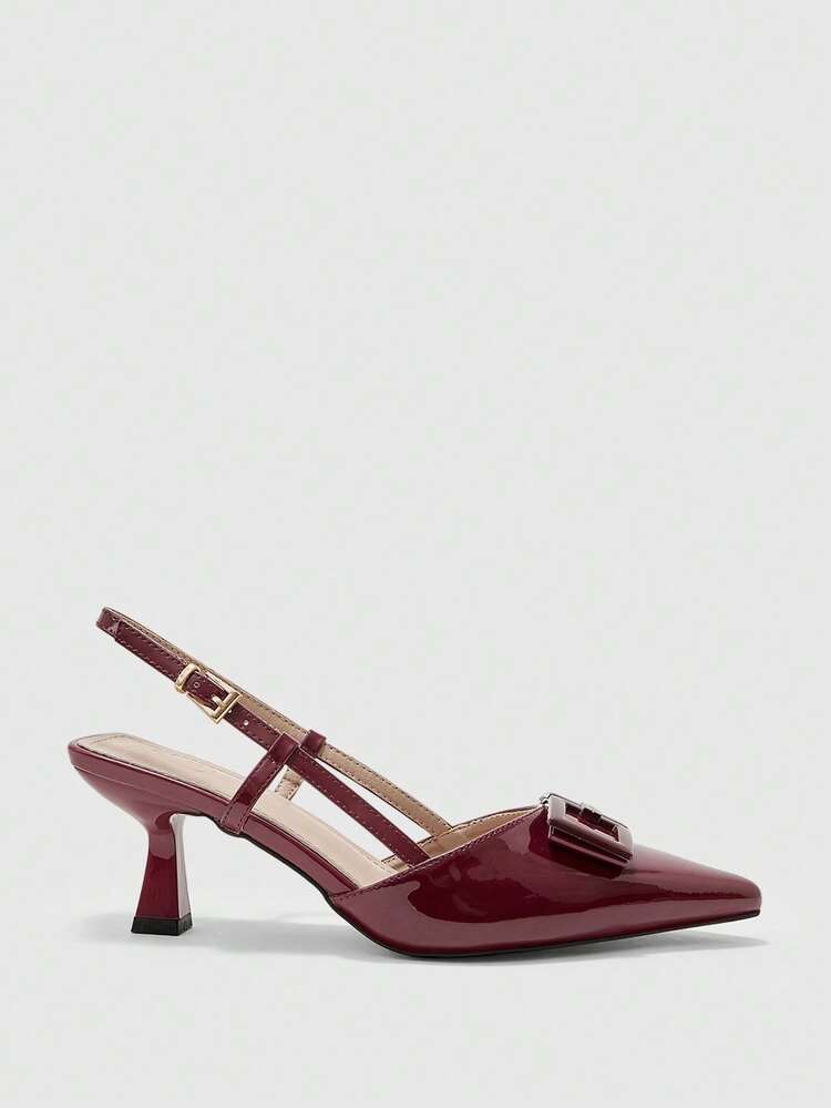 CUCCOO BIZCHIC Chaussures à talons hauts pour femmes avec boucle carrée décorative et sangle ajourée, rouge vin. Talon stiletto classique, style casual, boîte de nuit, fête