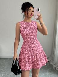 Elenzga Vestido mini con estampado floral de estilo bohemio, sin mangas, con cinturón. Diseño elegante francés, adecuado para la temporada de graduación y atuendos de verano