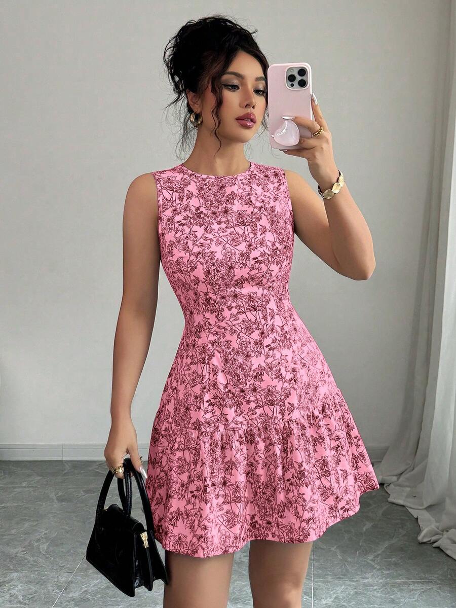 Elenzga Đầm ngắn không tay kiểu Bohemian in hoa, thắt eo, thiết kế Pháp thanh lịch, phù hợp cho mùa tốt nghiệp và trang phục mùa hè. - Hồng - Xem 1