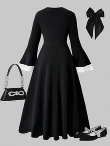 Teen GirlMiddle Eastern Style Waist Cinched Elastic Knit Dress, Elegant For Party And Urban Occasions - Black - View 2