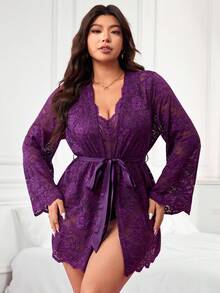Enliva Plus Size Women's Sheer Lace Bodysuit And Long Sleeve Jacket Set,Purple,Autumn,Elegant,Wedding, Two Pieces Valentine's Day Gift For Rounded Body - Purple - View 3