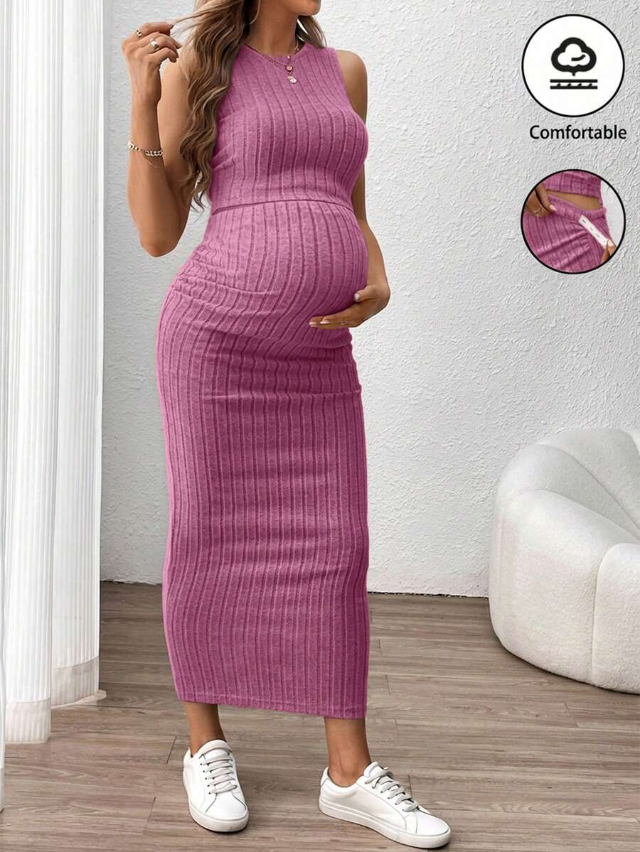 SHEIN 2pcs Maternity Solid Ribbed Tank Top And Adjustable Waist Pencil Skirt Casual Set - Pink - View 1