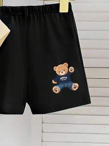 SHEIN Playful Pals 男婴夏季两件套，圆领短袖卡通熊印花T恤搭配黑色短裤，可爱时尚，适合夏季户外穿着，简约户外运动和街头风格。 - 彩色 - 查看 6