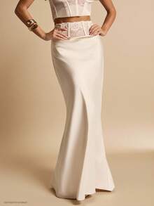 SHEIN BAE Chân váy đuôi cá bằng satin màu mơ phối ren, thanh lịch, thích hợp cho các bữa tiệc, sự kiện cocktail, váy sinh nhật, váy phù dâu, trang phục khách mời đám cưới, mùa xuân/hè. - Màu be - Xem 5
