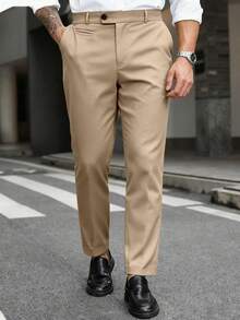 Manfinity Mode Men Plus Size Solid Color Slant Pocket Business Casual Suit Pants, Formal, Ceremony - Khaki - View 3