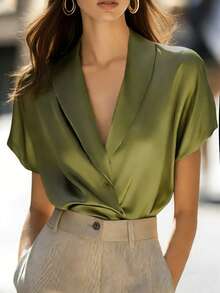 Balvessa Women's Elegant Green Collar Short Sleeve Blouse - Green - View 1