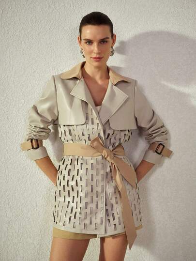 MOTF PREMIUM KADINLAR İÇİN MODA, DELİKLİ, KONTRAST RENK BLOKLU PU PATCHWORK BLAZER