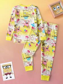 SpongeBob SquarePants | SHEIN 2 sztuki/zestaw chłopięcy, kreskówkowy, graficzny, z okrągłym dekoltem, długim rękawem, top i spodnie, dzianinowy, wygodny, swobodny, elastyczny komplet piżamowy - Żółty - Zobacz 2