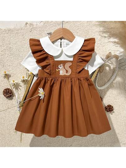 Loomiva 2pcs Baby Girl Solid Color Knit Soft Peter Pan Collar Short Sleeve Pullover Top And Suspender Waist Dress Set