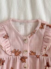 Loomiva Newborn Baby Boy/Girl Cartoon Bear Pattern Knit Soft Round Neck Ruffle Trim Long Sleeve Cardigan And Elastic Waist Pants 2-Piece Set Wildflower Baby Clothes Pajama Baby Set Baby Silk Pajamas Baby Pj Set