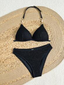 SHEIN 少女提花针织泳衣套装 - 黑色 - 查看 3