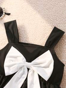 SHEIN Playful Pals 1pc Baby Girls Sweet Princess Elegant Black And White Dress,Large 3D Bowknot Decor Sleeveless Square Neck A-Line Party Sundress For Birthday Summer - Black and White - View 9