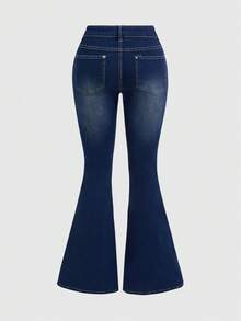ROMWE Grunge Punk Damen Retro Grunge Vintage Kreuz- und Rankenmuster Tief Taillierte Sexy Schlagjeans - marineblau - Übersicht 4