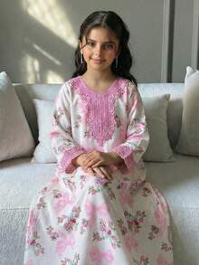 SHEIN 少女碎花休闲雪纺连衣裙 - 粉色 - 查看 3