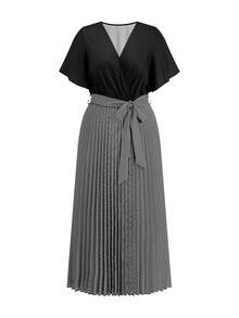 Zelara SHEINLUNE Plus Size Women's Rainbow Pleated V-Neck Lantern Sleeve Tie-Waist Dress Graduation Elegant Women Dress Wedding Guest Dress Women Vacation Outfits Woman Modest Beach Outfits For Glamorous Woman Festival Sundress Birthday Dresses For Women Pride Day - Multicolor - View 9