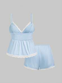 ROMWE Kawaii Plus Size Sweet & Cute Doll Style Ribbed & Lace Camisole & Shorts Pajama Set
