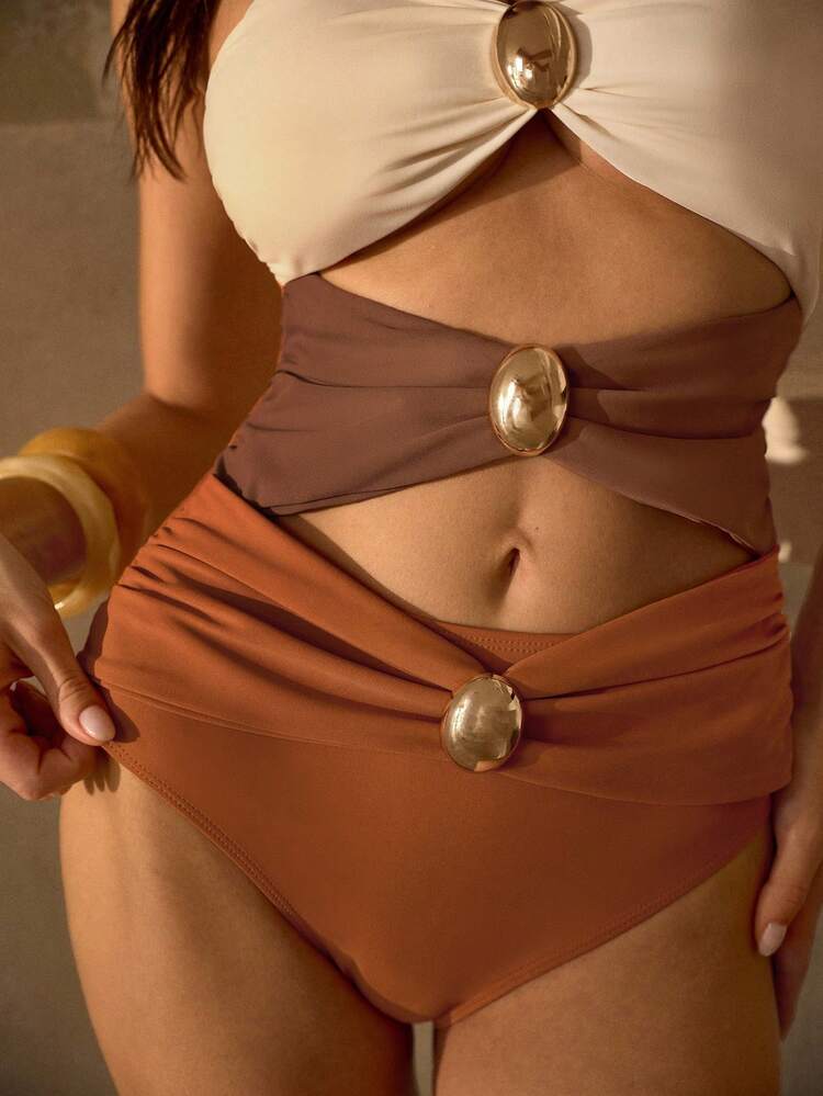 COLORBLOCK HOLLOW-OUT ONE-PIECE SWIMSUIT