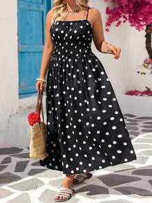 Vivid Eden 大码波点印花休闲度假吊带裙 - 黑色 - 查看 1