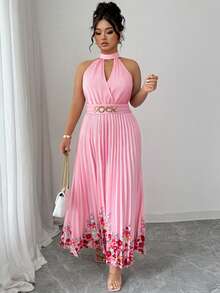 SHEIN Elenzya 大码梭织印花优雅夏季女式连衣裙 - 粉色 - 查看 5