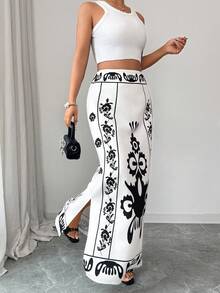 SHEIN Elenzya Falda larga con estampado elegante de patrón de Oriente Medio para mujeres - Multicolor - Ver 5