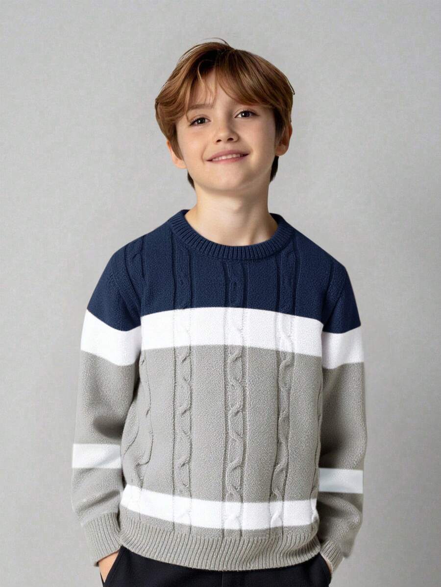 SHEIN Sweter z okrągłym dekoltem w stylu koreańskim dla chłopców, idealny do dojazdów do pracy, szkoły, na co dzień, do sportu, na jesień/zimę - Wielokolorowe - Zobacz 1