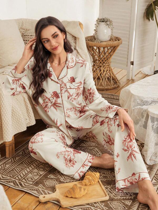 Serenescape Vacation Style Women Floral Print Bubble Collar Cardigan Long Sleeve Pajama Set
