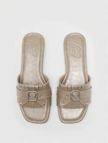 CUCCOO BIZCHIC 女士方头可调节孔眼带平底拖鞋 - 卡其色 - 查看 2