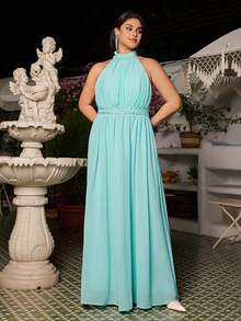 VOLUPTÉ CURVE Plus Size Light Blue Summer Elegant Wedding Guest Chiffon High Neck Sleeveless Waist-Cinching Rhinestone Long Dress For Vacation,Evening Dinner,Brunch - Mint Green - View 8