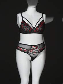 SHEIN 情人节加大码经典性感唇形蕾丝拼接网纱文胸+内裤两件套 - 彩色 - 查看 3