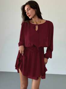Aloruh 梅紫色浪漫约会音乐节系带长袖荷叶边迷你连衣裙（女款） - 酒紅色 - 查看 3