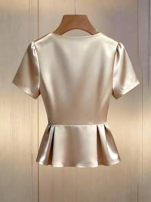 Franclia Elegant Commuter Round Neck Pearl Embellished Waist Ruffle Hem Women Shirt Pearl Top Satin Top Elegant Blouses Satin Blouses For Women Women Tops Elegant - Apricot - View 2