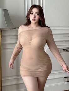 DAZY Sheer Mesh One Shoulder Long Sleeve Lingerie - Khaki - View 8