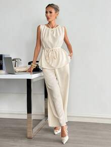 Siren Gaze 2件套 女士简约休闲系腰无袖上衣和裤子套装 - 杏色 - 查看 1