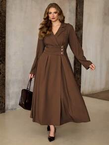Roveilla 大码女式粗花呢面料翻领腰部褶皱星形装饰A字长袖连衣裙，优雅复古法式办公室通勤商务休闲街头风，百搭，适合冬季、圣诞节、感恩节、派对、新年等场合。 - 咖啡棕 - 查看 6