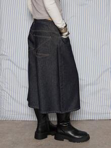 COUREZ 低腰长款阔腿原色牛仔短裤/Y2K夏季女式街头风外出棉质宽松牛仔裤生日夏季短裤 - 深色水洗藍 - 查看 2