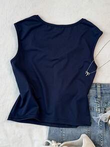 SHEIN Tween Girls' Blue Knit Ruched Bust Lace Trim Form-Fitting Long Sleeve Versatile T-Shirt Top - Navy Blue - View 2