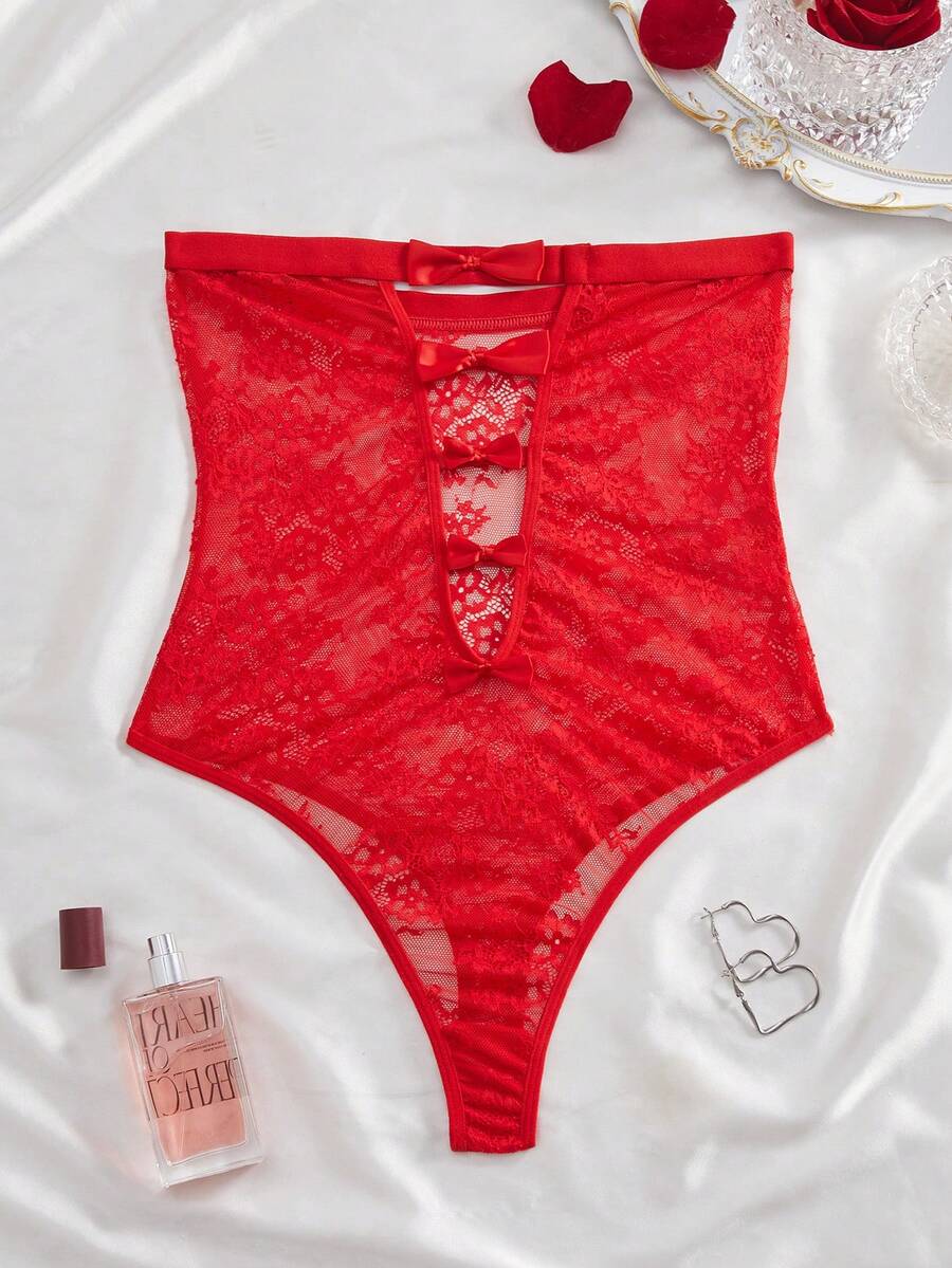 SHEIN Women Bow Decor Hollow-Out Sexy Lace Bodysuit Bowknot For Going Out, Baddie Look - Red - View 1