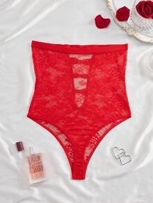 SHEIN Women Bow Decor Hollow-Out Sexy Lace Bodysuit Bowknot For Going Out, Baddie Look - Red - View 2