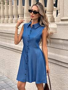 Pariaura 清新别致的宝蓝色无袖连衣裙 - 翻领纽扣前襟收腰春夏A字迷你连衣裙 复古时尚的宝蓝色无袖衬衫裙 - 翻领纽扣前襟收腰春夏百搭迷你连衣裙 优雅修身的宝蓝色无袖连衣裙 - 翻领纽扣前襟收腰春夏时尚A字连衣裙 - 藍色 - 查看 1