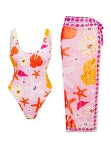 Swim Oasis Elegant Beach Vacation Shell & Starfish Pattern Swimsuit Coverup & Skirt Set - Multicolor - View 8