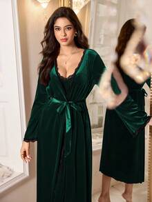 SHEIN Women's Velvet Lace Patchwork Elegant Camisole Nightgown And Robe Set, Autumn/Winter - Green - View 3