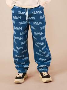 SUMWON Boys Denim Pull On Elastic Waist Jogger Jeans With All Over Logo Print Pattern Casual Streetwear Vacation - Medium Wash - View 5