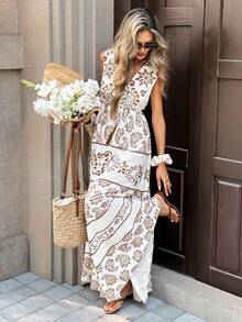 Breezaya Women's White And Brown Paisley Printed Maxi Dress,Boho Sleeveless V-Neck Fringe Rope A-Line Summer Vacation Holiday Dress,Vintage Elegant Beach Gown - Multicolor - View 4