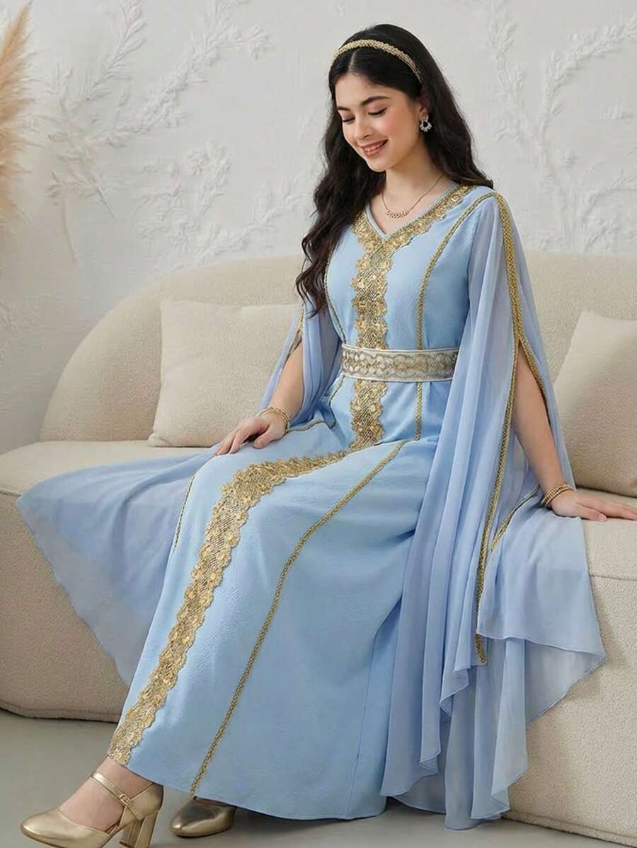 SHEIN 优雅奢华甜美蓝色纯色拼接金色丝带V领披肩袖休闲腰带连衣裙,阿拉伯风格连衣裙,长袍式连衣裙,端庄优雅,度假连衣裙 - 藍色 - 查看 1