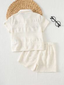 Cozy Pixies Bộ 2 món cho bé trai, màu trơn, kiểu dáng thường ngày, cổ polo, tay ngắn và quần short cạp chun. - Màu be - Xem 2