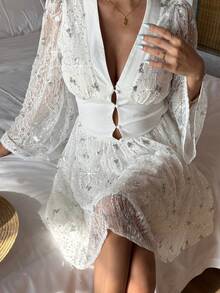 DAZY Sequin Butterfly Lace Waist Cinching V-Neck Women's Nightgown Dress - White - View 5