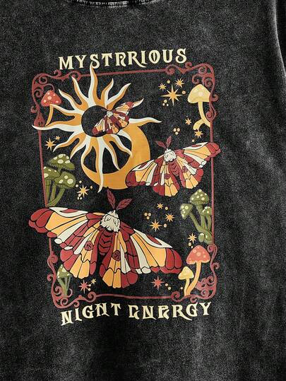 Grunge Punk Maglietta oversize lavata con stampa misteriosa di stelle, luna e farfalle