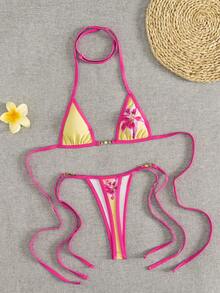 Swim Vcay Swim SXY 2pcs Women's New Floral Print Spaghetti Strap Backless Micro Triangle Top And Thong Sexy Bikini Set Set - Yellow - View 6